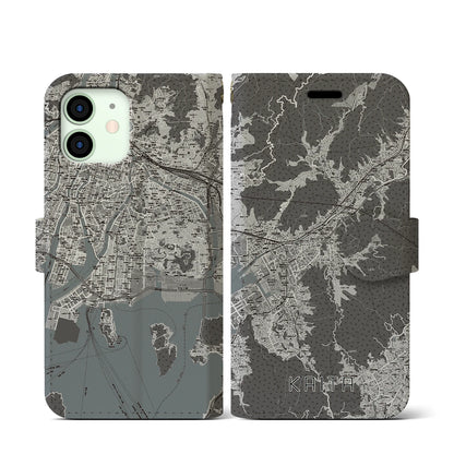 【海田（広島県）】地図柄iPhoneケース（手帳タイプ）モノトーン・iPhone 12 mini 用