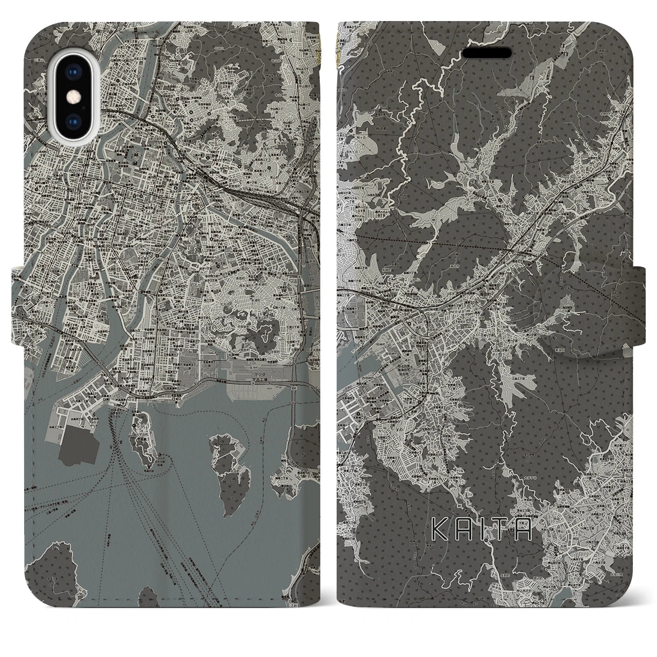 【海田（広島県）】地図柄iPhoneケース（手帳タイプ）モノトーン・iPhone XS Max 用