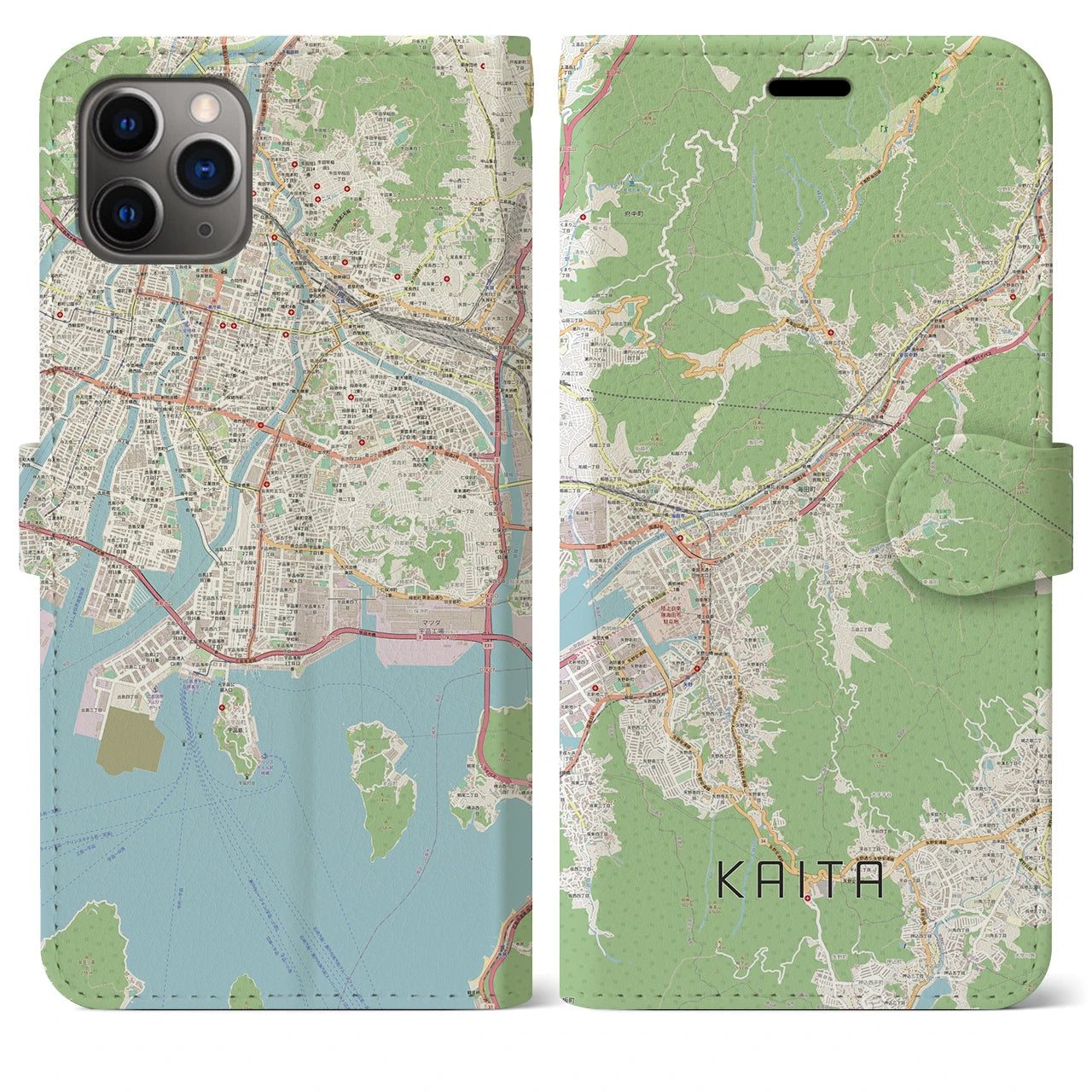 【海田（広島県）】地図柄iPhoneケース（手帳タイプ）ナチュラル・iPhone 11 Pro Max 用