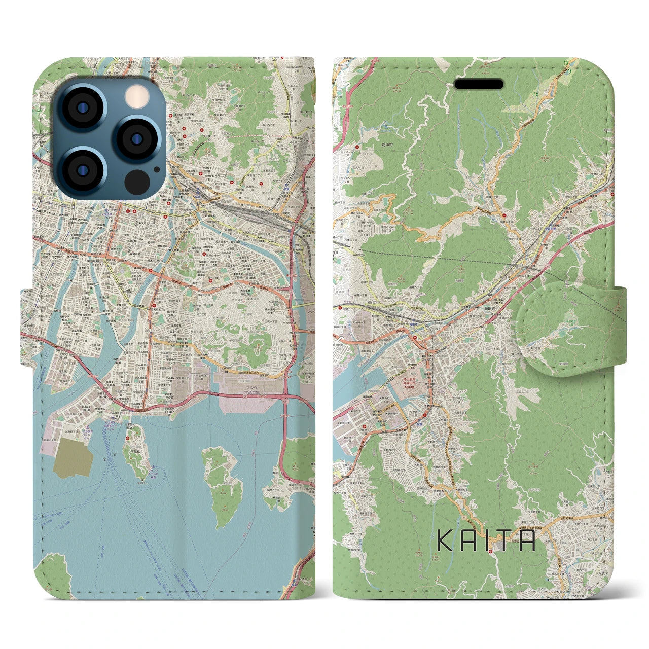 【海田（広島県）】地図柄iPhoneケース（手帳タイプ）ナチュラル・iPhone 12 / 12 Pro 用