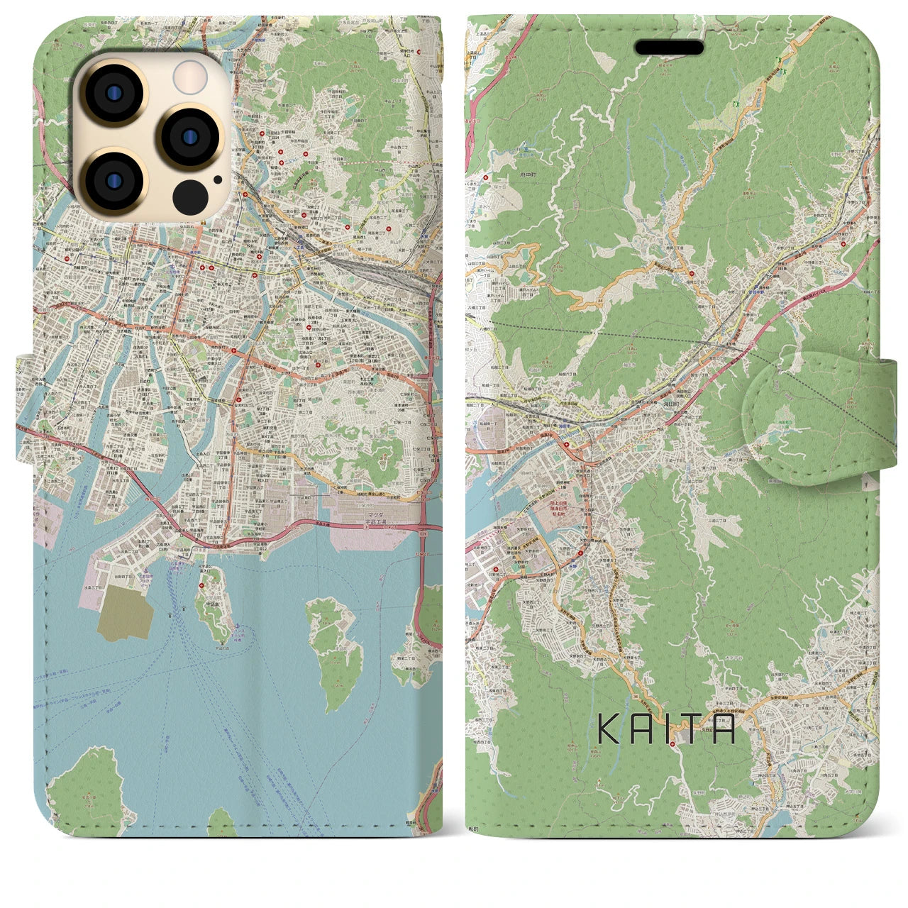 【海田（広島県）】地図柄iPhoneケース（手帳タイプ）ナチュラル・iPhone 12 Pro Max 用