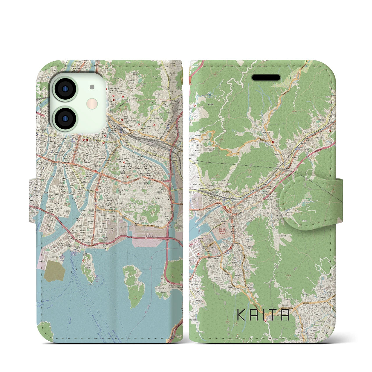 【海田（広島県）】地図柄iPhoneケース（手帳タイプ）ナチュラル・iPhone 12 mini 用