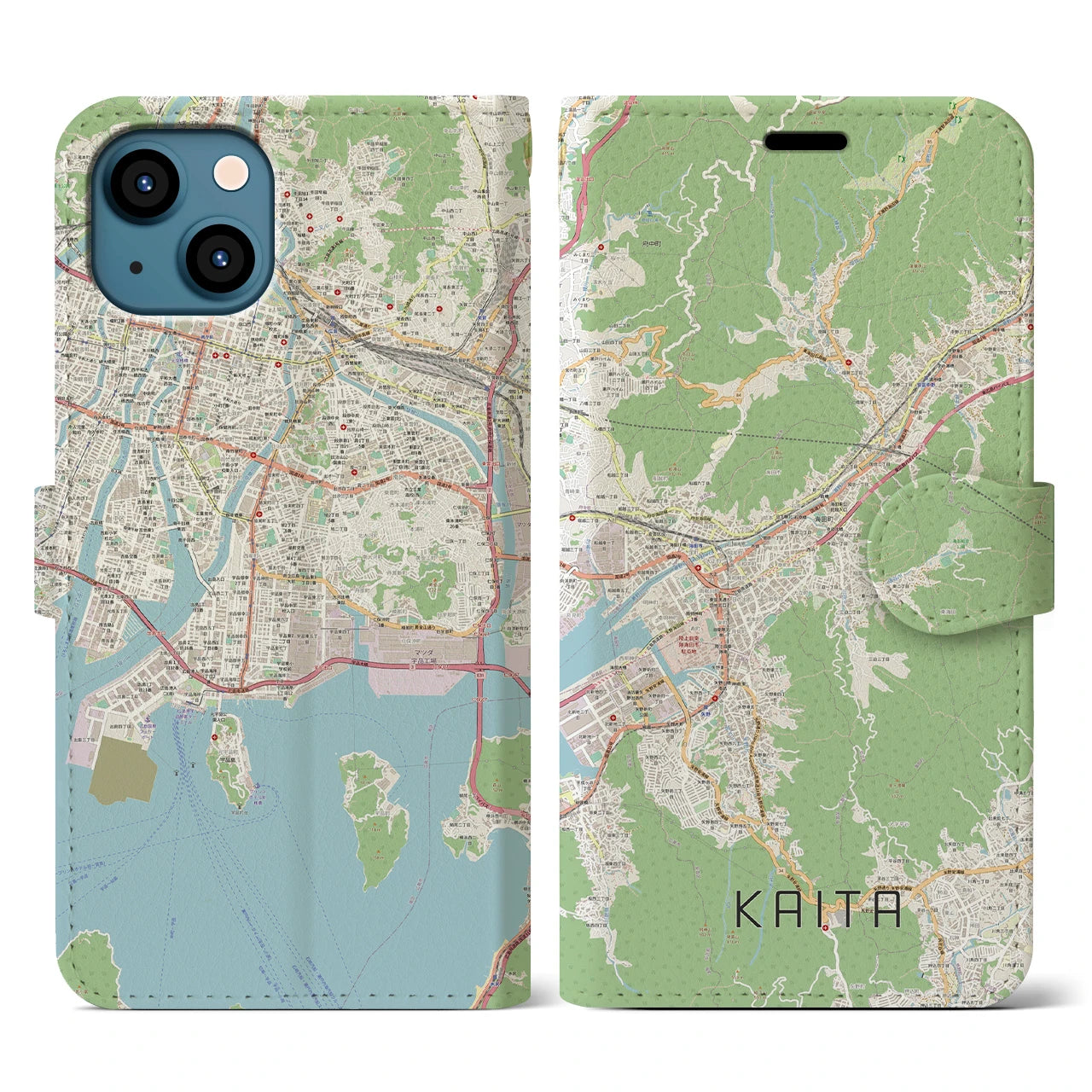 【海田（広島県）】地図柄iPhoneケース（手帳タイプ）ナチュラル・iPhone 13 用