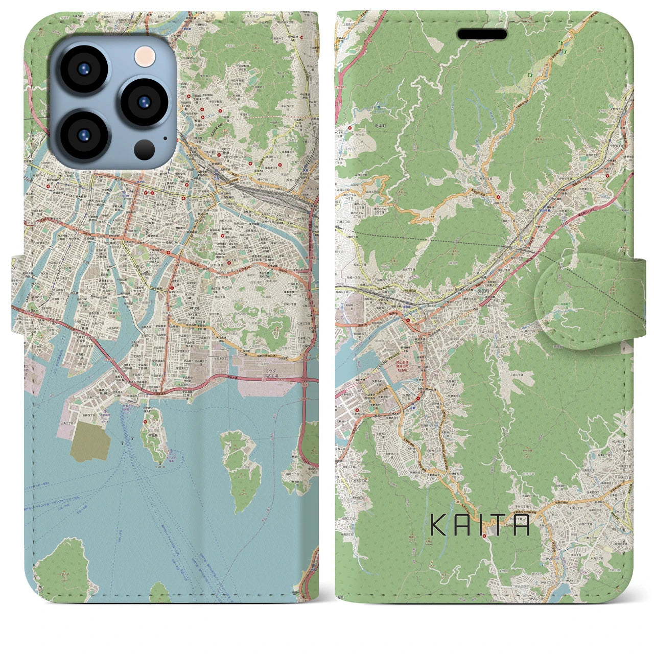 【海田（広島県）】地図柄iPhoneケース（手帳タイプ）ナチュラル・iPhone 13 Pro Max 用