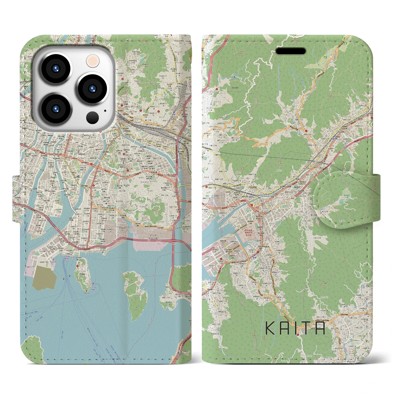 【海田（広島県）】地図柄iPhoneケース（手帳タイプ）ナチュラル・iPhone 13 Pro 用