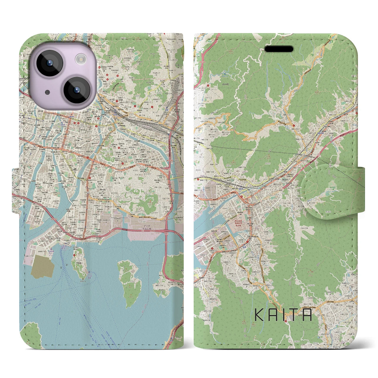 【海田（広島県）】地図柄iPhoneケース（手帳タイプ）ナチュラル・iPhone 14 用