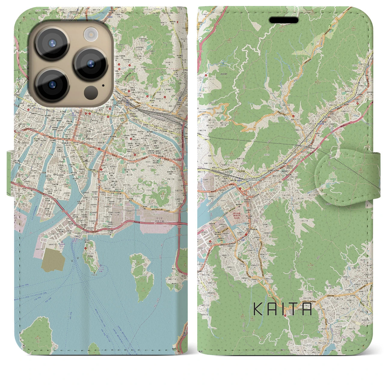 【海田（広島県）】地図柄iPhoneケース（手帳タイプ）ナチュラル・iPhone 14 Pro Max 用