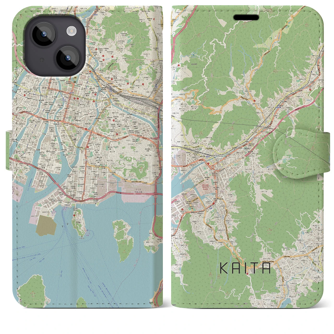 【海田（広島県）】地図柄iPhoneケース（手帳タイプ）ナチュラル・iPhone 14 Plus 用