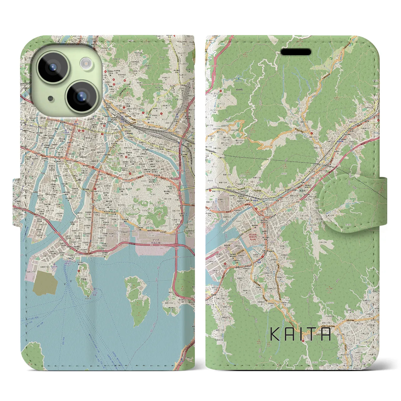 【海田（広島県）】地図柄iPhoneケース（手帳タイプ）ナチュラル・iPhone 15 用