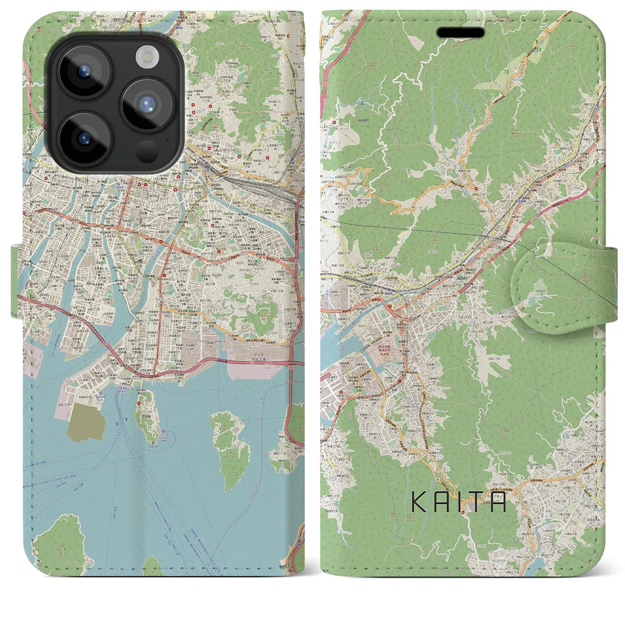 【海田（広島県）】地図柄iPhoneケース（手帳タイプ）ナチュラル・iPhone 15 Pro Max 用