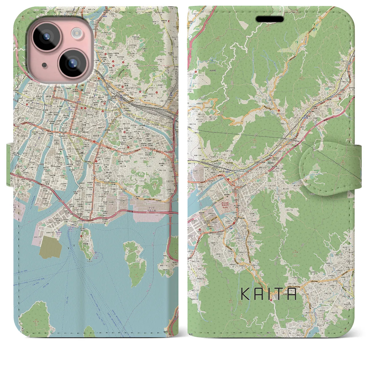 【海田（広島県）】地図柄iPhoneケース（手帳タイプ）ナチュラル・iPhone 15 Plus 用