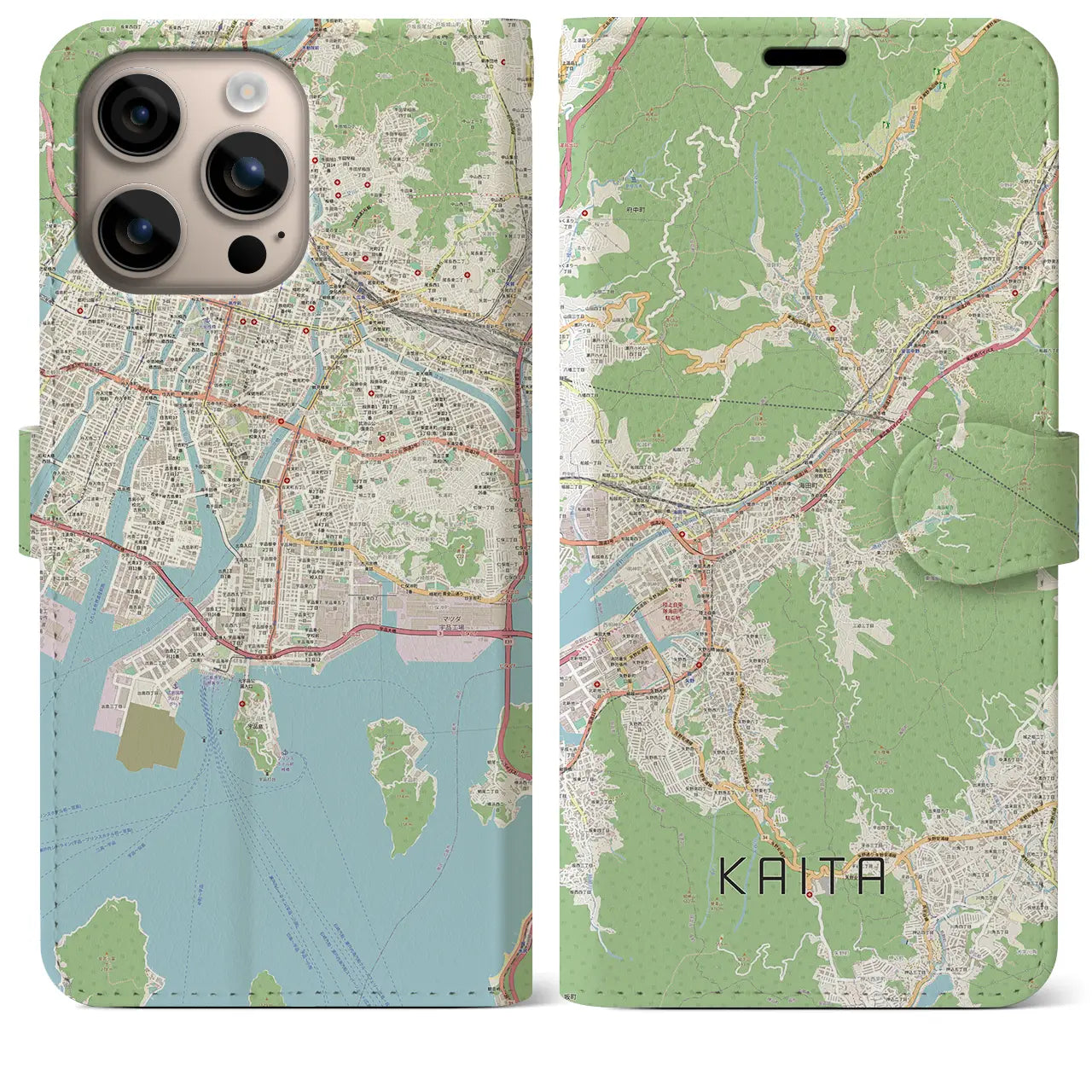 【海田（広島県）】地図柄iPhoneケース（手帳タイプ）ナチュラル・iPhone 16 Plus 用