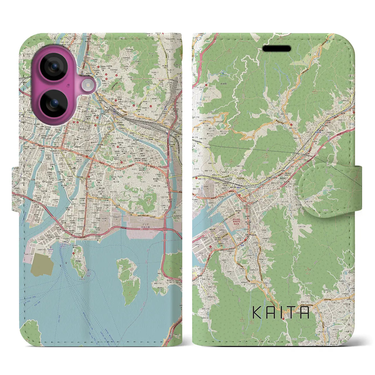 【海田（広島県）】地図柄iPhoneケース（手帳タイプ）ナチュラル・iPhone 16 Pro 用