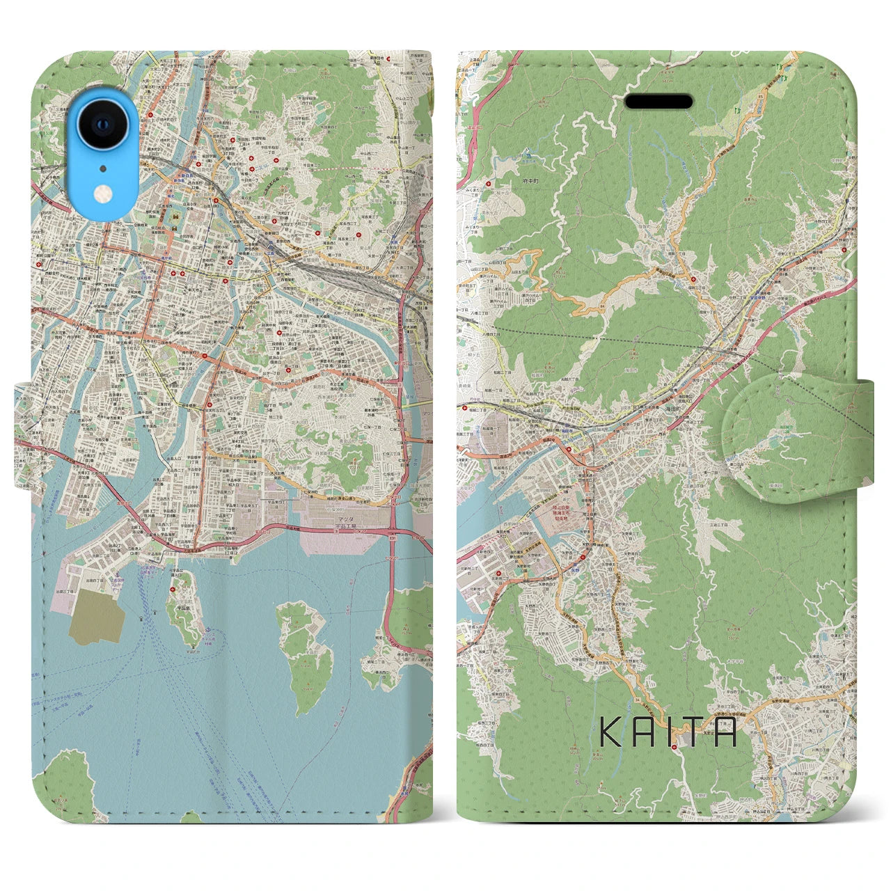 【海田（広島県）】地図柄iPhoneケース（手帳タイプ）ナチュラル・iPhone XR 用