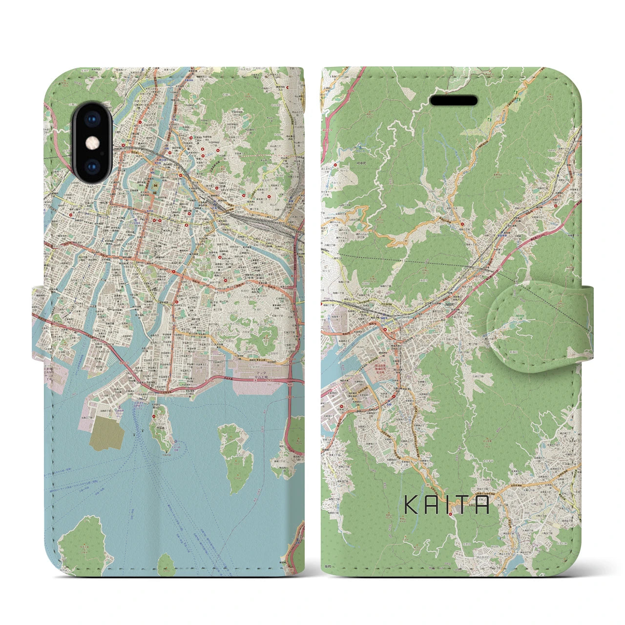 【海田（広島県）】地図柄iPhoneケース（手帳タイプ）ナチュラル・iPhone XS / X 用