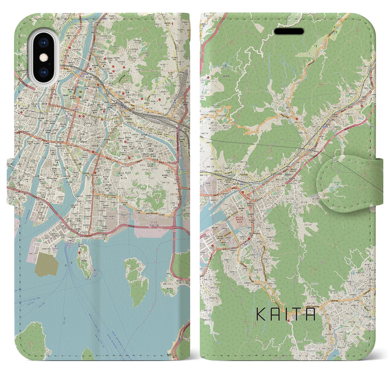 【海田（広島県）】地図柄iPhoneケース（手帳タイプ）ナチュラル・iPhone XS Max 用