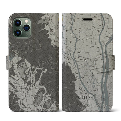 【海津（岐阜県）】地図柄iPhoneケース（手帳タイプ）モノトーン・iPhone 11 Pro 用