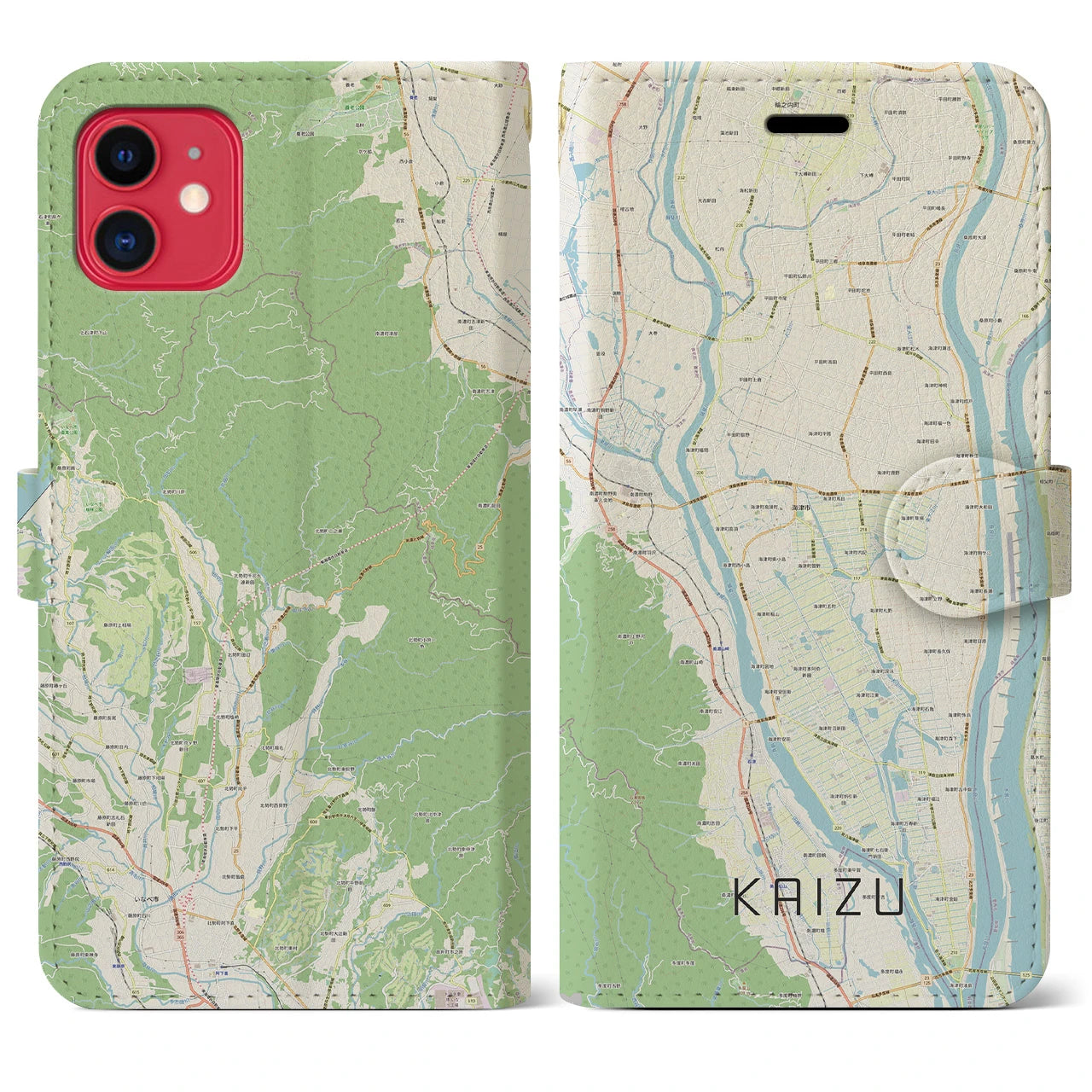 【海津（岐阜県）】地図柄iPhoneケース（手帳タイプ）ナチュラル・iPhone 11 用