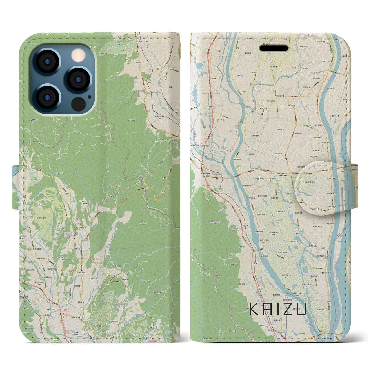 【海津（岐阜県）】地図柄iPhoneケース（手帳タイプ）ナチュラル・iPhone 12 / 12 Pro 用