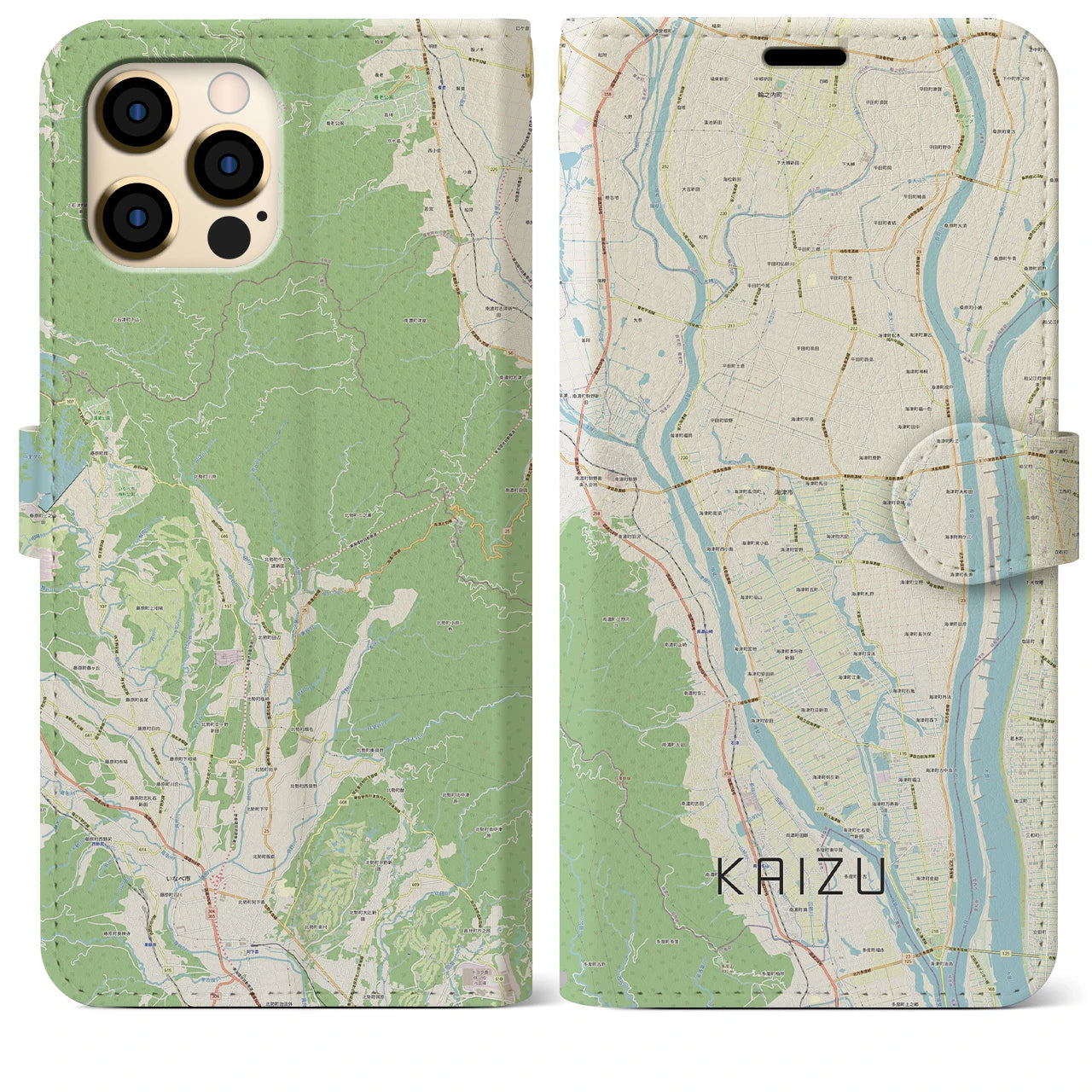 【海津（岐阜県）】地図柄iPhoneケース（手帳タイプ）ナチュラル・iPhone 12 Pro Max 用