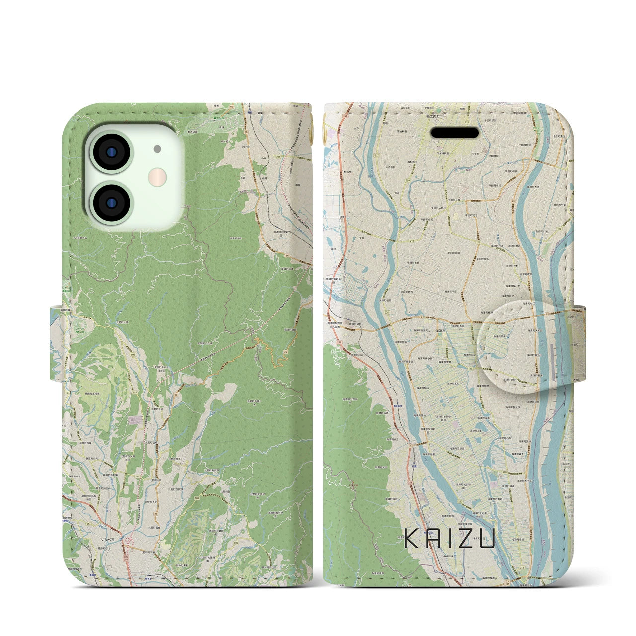 【海津（岐阜県）】地図柄iPhoneケース（手帳タイプ）ナチュラル・iPhone 12 mini 用