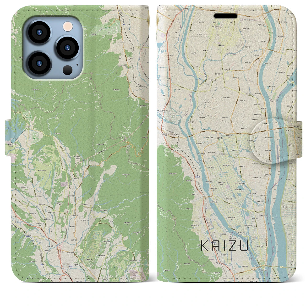 【海津（岐阜県）】地図柄iPhoneケース（手帳タイプ）ナチュラル・iPhone 13 Pro Max 用