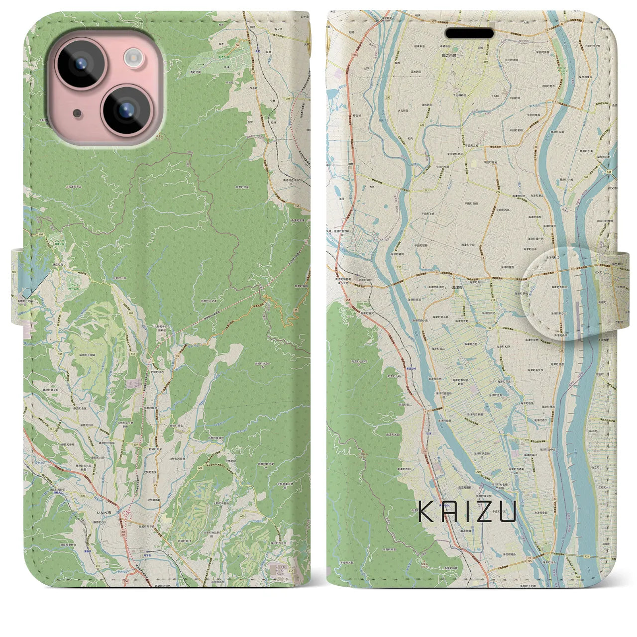 【海津（岐阜県）】地図柄iPhoneケース（手帳タイプ）ナチュラル・iPhone 15 Plus 用