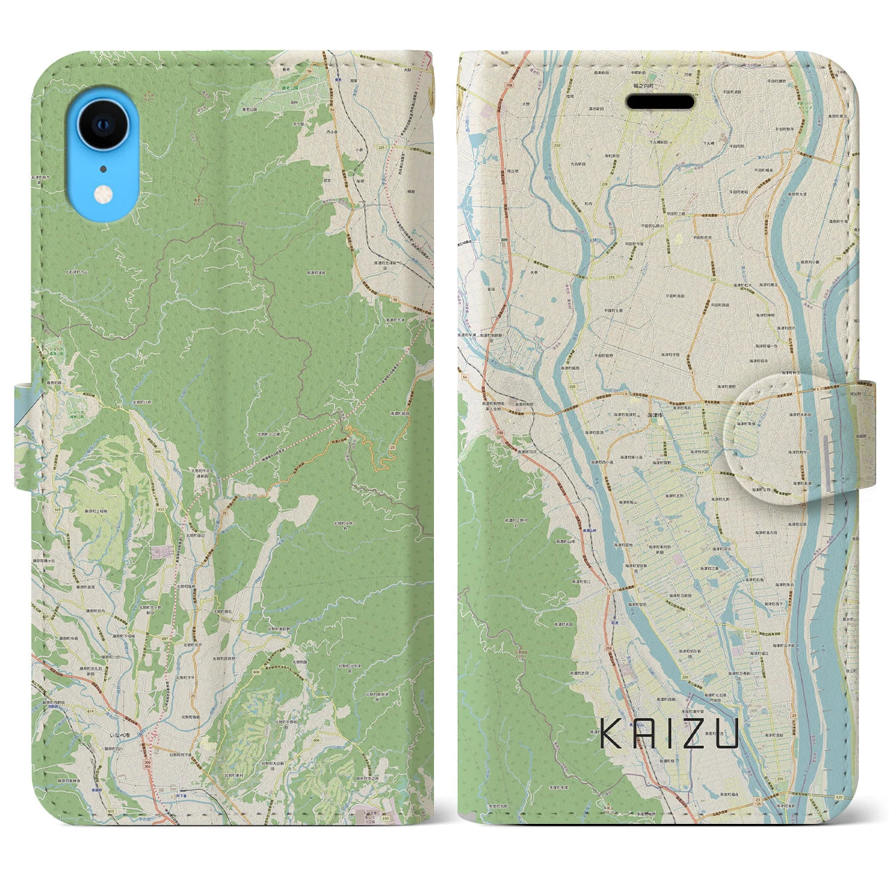 【海津（岐阜県）】地図柄iPhoneケース（手帳タイプ）ナチュラル・iPhone XR 用