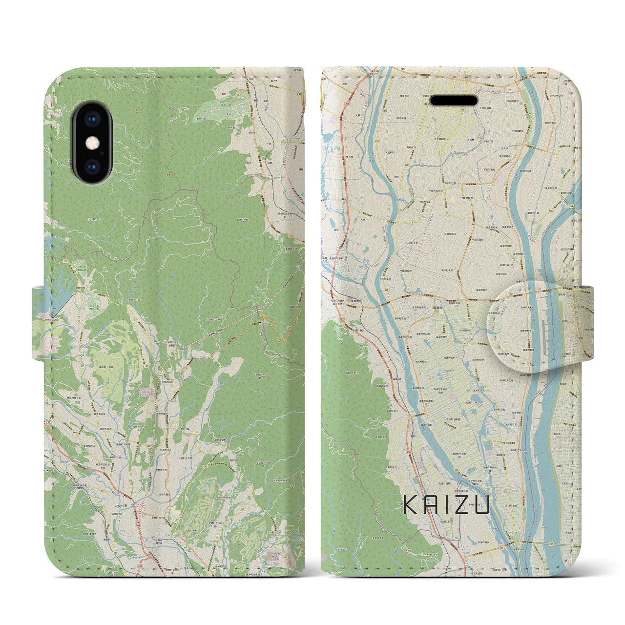 【海津（岐阜県）】地図柄iPhoneケース（手帳タイプ）ナチュラル・iPhone XS / X 用