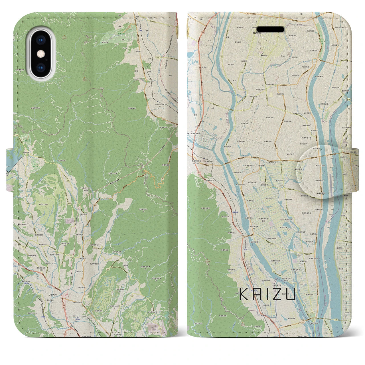 【海津（岐阜県）】地図柄iPhoneケース（手帳タイプ）ナチュラル・iPhone XS Max 用