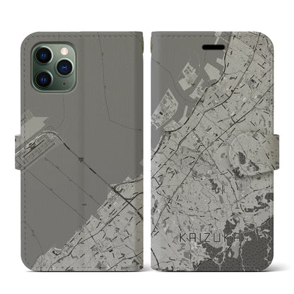 【貝塚（大阪府）】地図柄iPhoneケース（手帳タイプ）モノトーン・iPhone 11 Pro 用