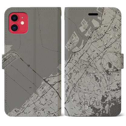 【貝塚（大阪府）】地図柄iPhoneケース（手帳タイプ）モノトーン・iPhone 11 用