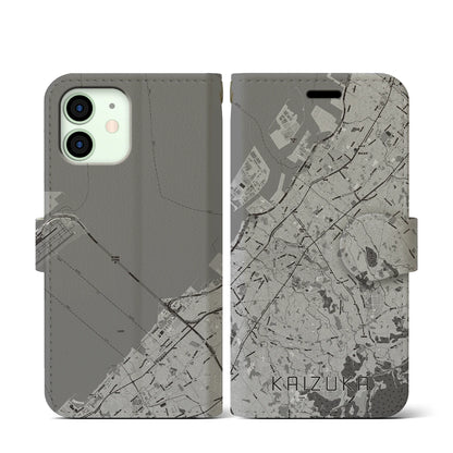 【貝塚（大阪府）】地図柄iPhoneケース（手帳タイプ）モノトーン・iPhone 12 mini 用