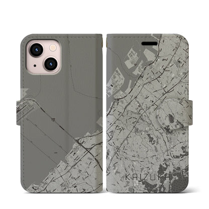 【貝塚（大阪府）】地図柄iPhoneケース（手帳タイプ）モノトーン・iPhone 13 mini 用