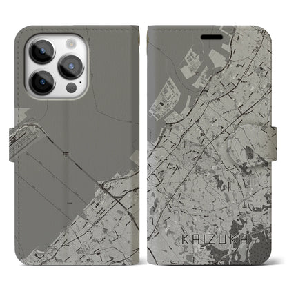 【貝塚（大阪府）】地図柄iPhoneケース（手帳タイプ）モノトーン・iPhone 14 Pro 用