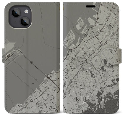 【貝塚（大阪府）】地図柄iPhoneケース（手帳タイプ）モノトーン・iPhone 14 Plus 用