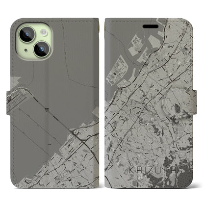 【貝塚（大阪府）】地図柄iPhoneケース（手帳タイプ）モノトーン・iPhone 15 用