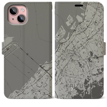 【貝塚（大阪府）】地図柄iPhoneケース（手帳タイプ）モノトーン・iPhone 15 Plus 用