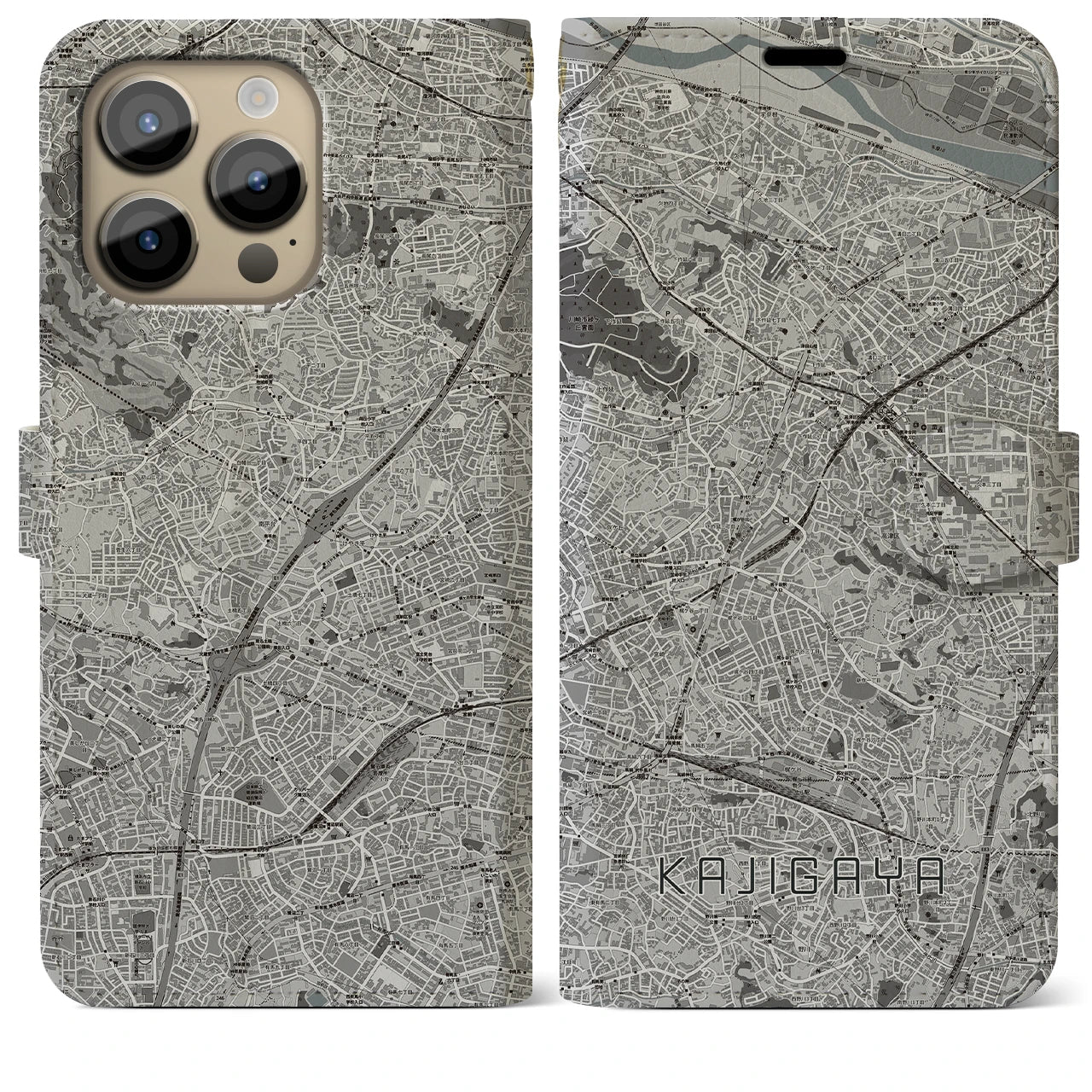 【梶が谷】地図柄iPhoneケース（手帳両面タイプ・モノトーン）iPhone 14 Pro Max 用