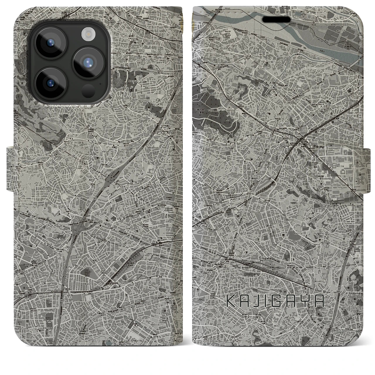 【梶が谷】地図柄iPhoneケース（手帳両面タイプ・モノトーン）iPhone 15 Pro Max 用