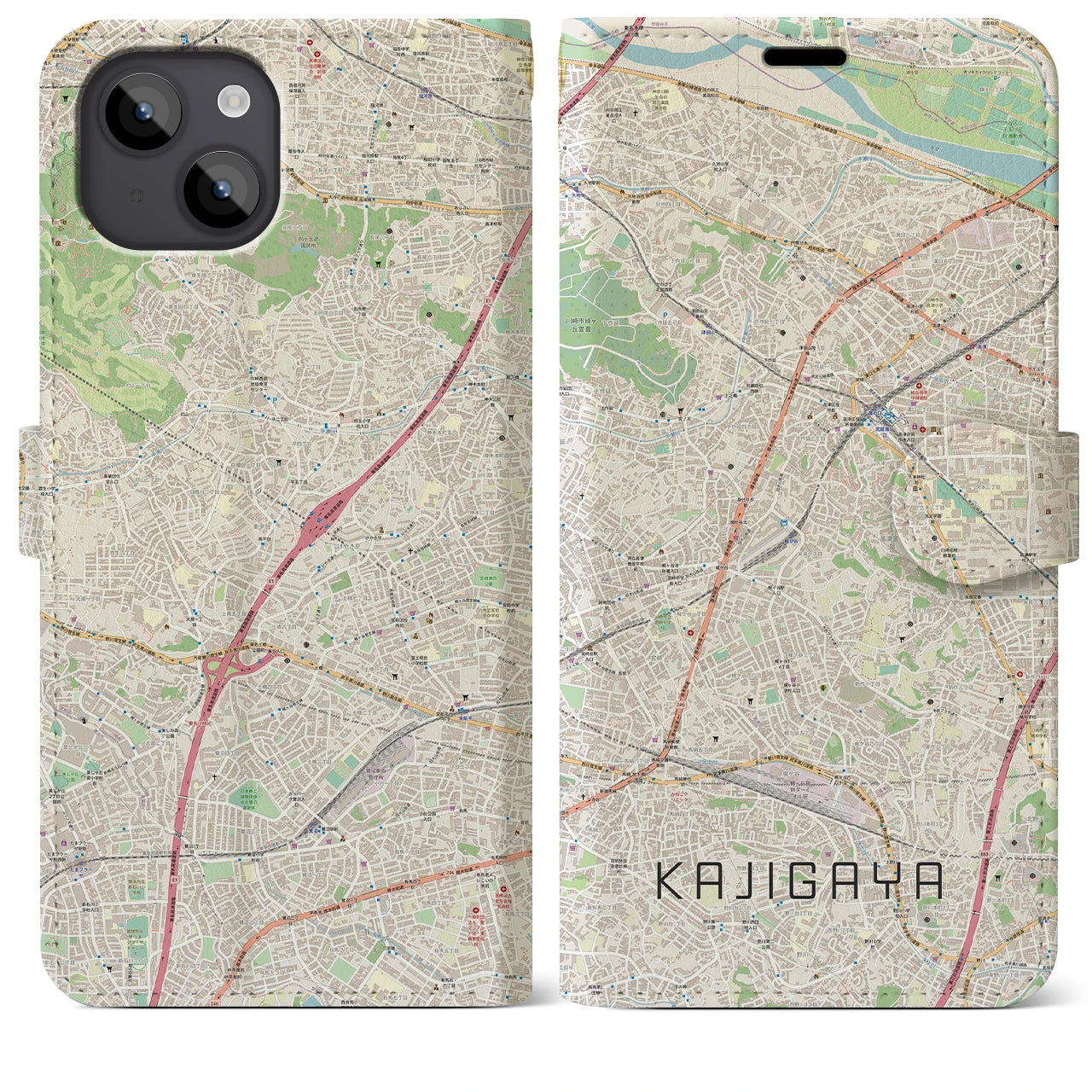 【梶が谷（神奈川県）】地図柄iPhoneケース（手帳タイプ）ナチュラル・iPhone 14 Plus 用