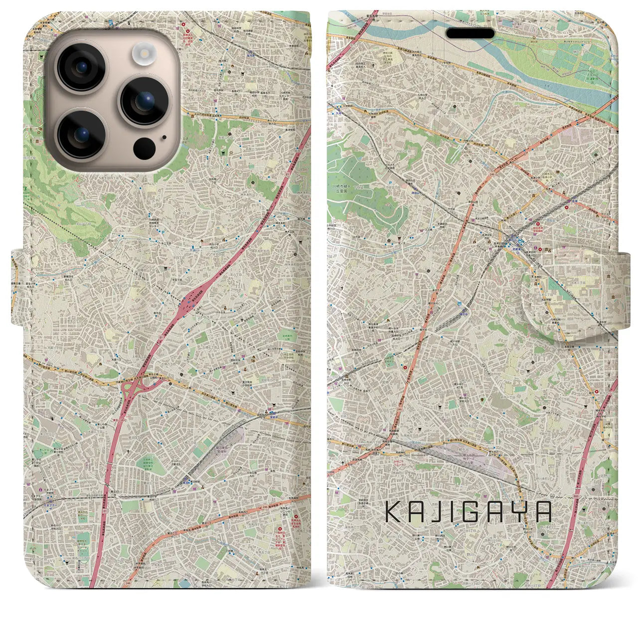 【梶が谷（神奈川県）】地図柄iPhoneケース（手帳タイプ）ナチュラル・iPhone 16 Plus 用