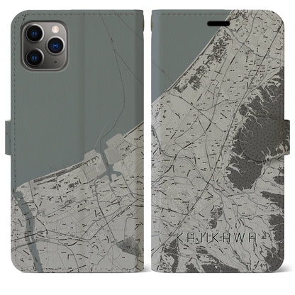 【加治川（新潟県）】地図柄iPhoneケース（手帳タイプ）モノトーン・iPhone 11 Pro Max 用