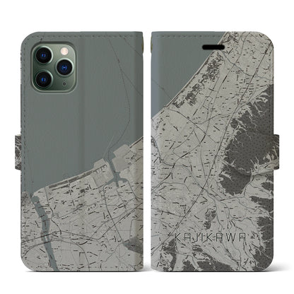 【加治川（新潟県）】地図柄iPhoneケース（手帳タイプ）モノトーン・iPhone 11 Pro 用