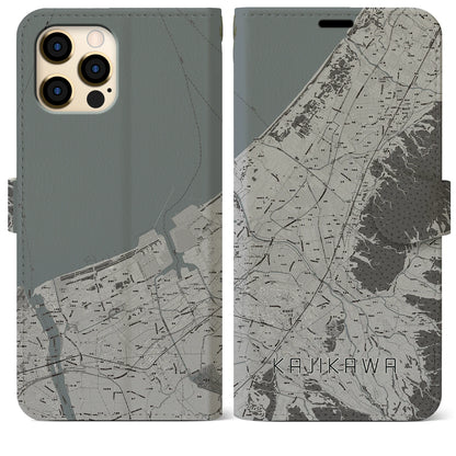 【加治川（新潟県）】地図柄iPhoneケース（手帳タイプ）モノトーン・iPhone 12 Pro Max 用