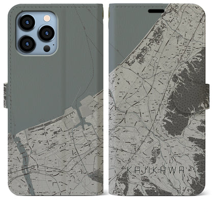 【加治川（新潟県）】地図柄iPhoneケース（手帳タイプ）モノトーン・iPhone 13 Pro Max 用