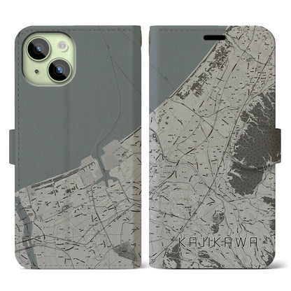 【加治川（新潟県）】地図柄iPhoneケース（手帳タイプ）モノトーン・iPhone 15 用