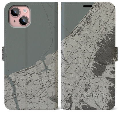 【加治川（新潟県）】地図柄iPhoneケース（手帳タイプ）モノトーン・iPhone 15 Plus 用