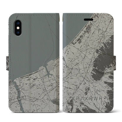 【加治川（新潟県）】地図柄iPhoneケース（手帳タイプ）モノトーン・iPhone XS / X 用