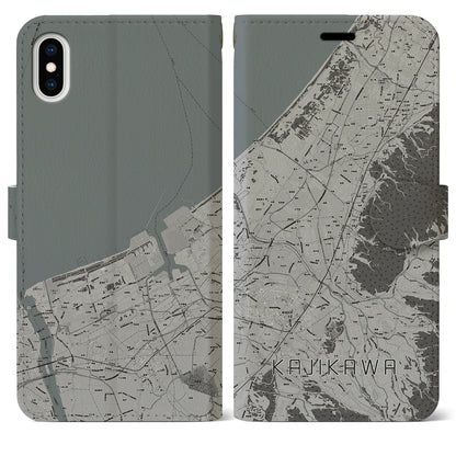 【加治川（新潟県）】地図柄iPhoneケース（手帳タイプ）モノトーン・iPhone XS Max 用